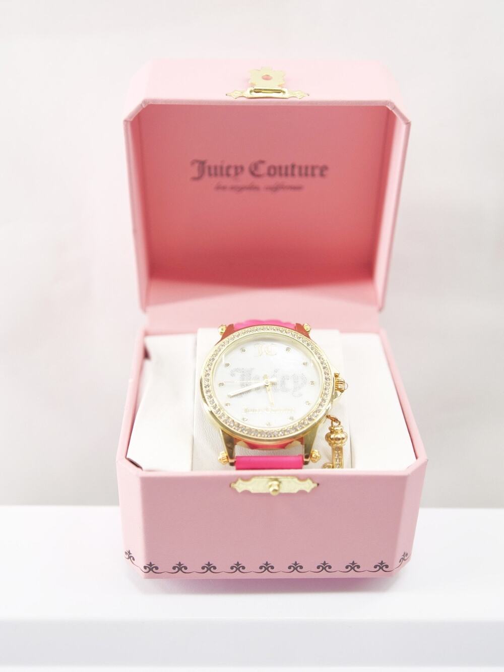Juicy Couture Women Gold Tone Crystal Watch Hot Pink Heart Strap Hanging J Charm